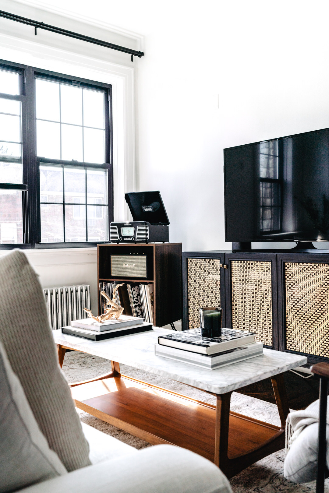 denver interior photography living room with white couch and record player